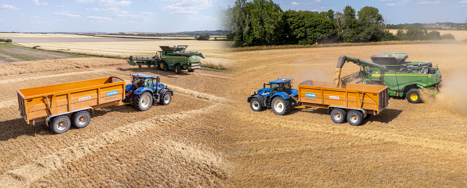 sw hire 20t richard western grain trailer, towed by a new holand tractor, filling up with grain from a John Deere X9 combine in a wheat field